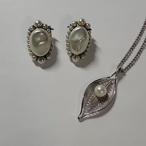 Pearl Accent Silver-Tone Necklace and Clip-On Earring Set